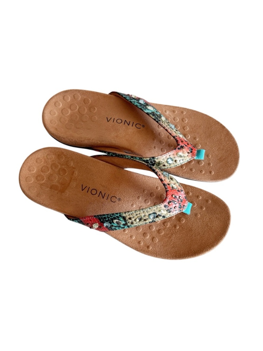 Vionic Lucia Multi-Color Snake Print Rhinestone Thong Orthotic Sandals size 8